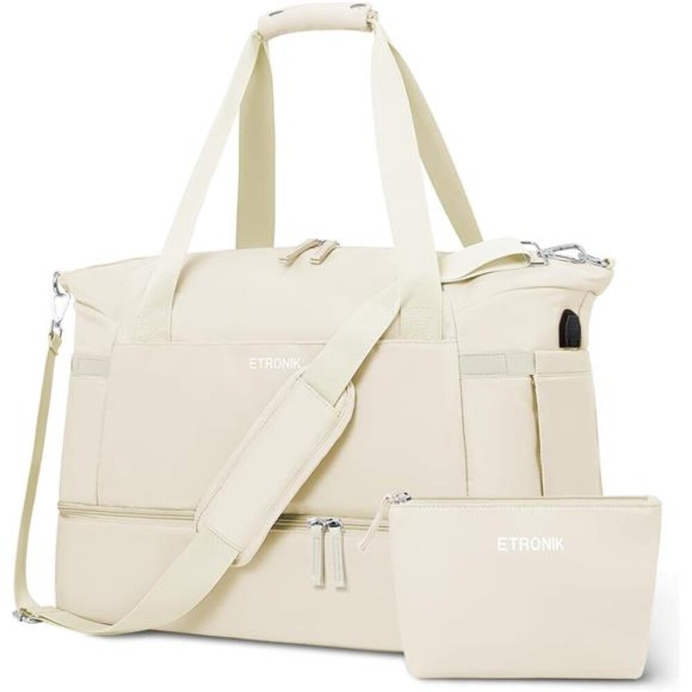 Women‎ Beige Gym Bag Travel Duffel Bag with USB Charging Port Sports Yoga Bag